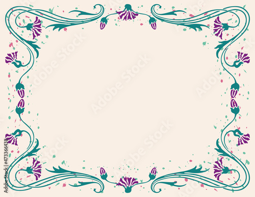 Vector decorative greeting card with frame from vintage flexible cornflowers and paint blots