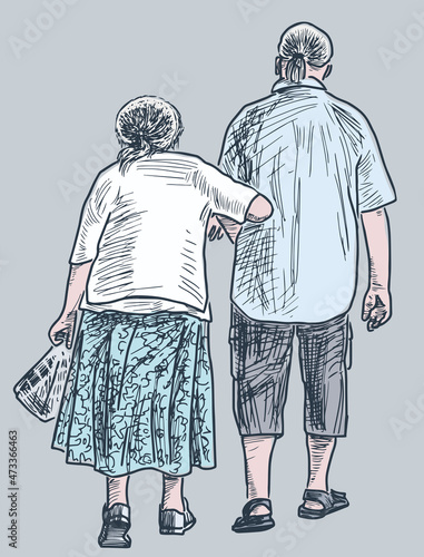 Vector drawing of old spouses walking outdoors together on summer day