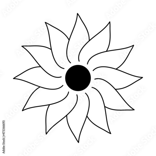 flower icon black line isolated on white background, petals of sharp shape, circular ornament, mandala, childrens drawing style, flat vector graphics