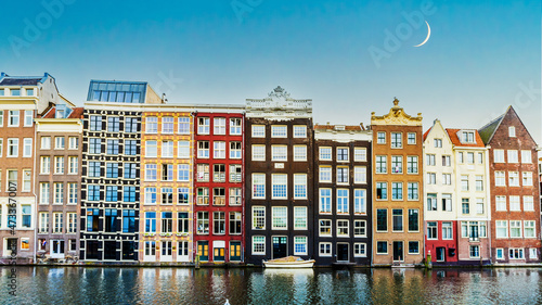 Canal houses of Amsterdam, Netherlands. Traditional old buildings in Amsterdam