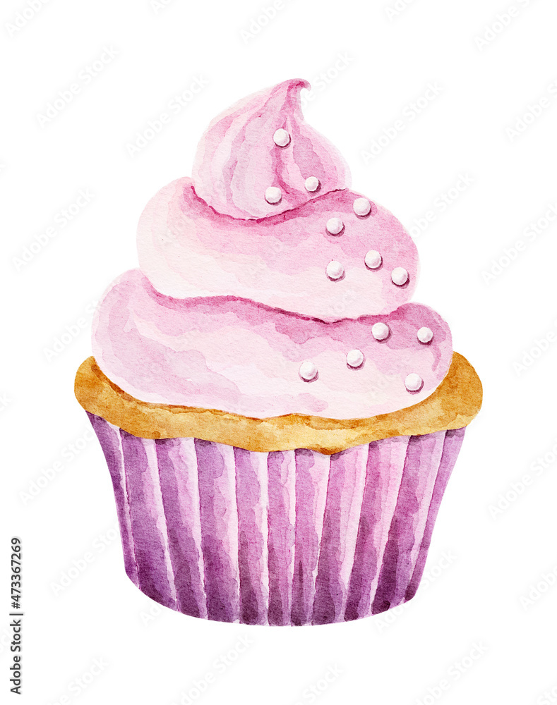 Watercolor delicious cupcake isolated on white background. Watercolor delicious cupcake isolated on white background.