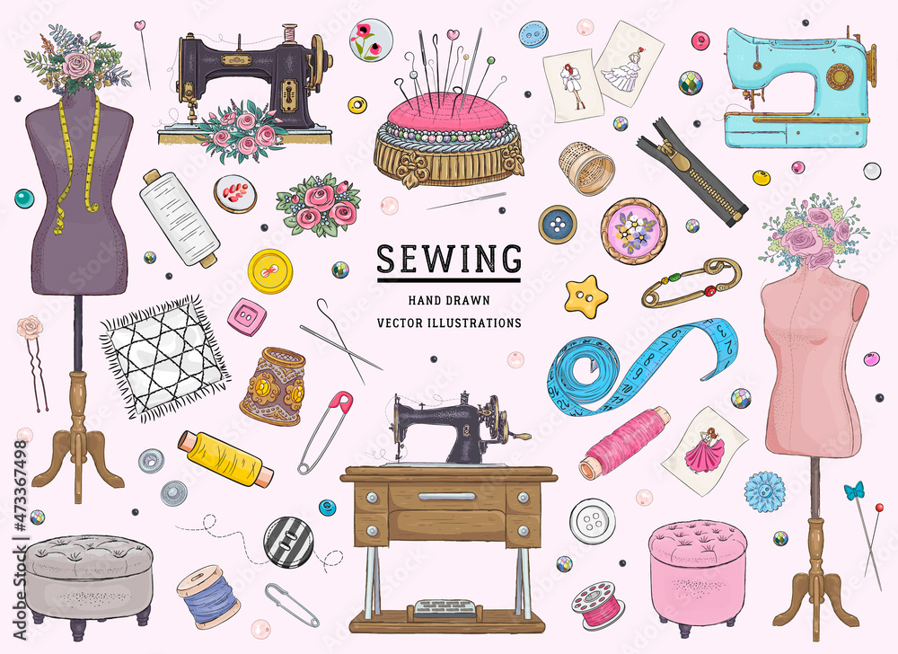 Vector hand drawn sewing retro set. Collection of highly detailed hand drawn sewing tools isolated on background - obrazy, fototapety, plakaty 