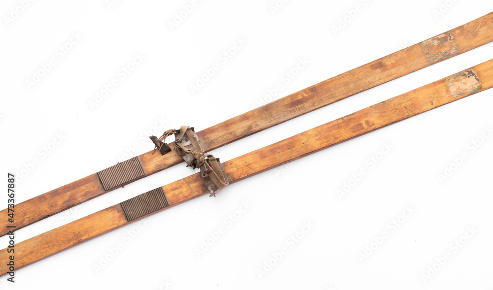 old wooden skis isolated on white background old wooden skis isolated on white background