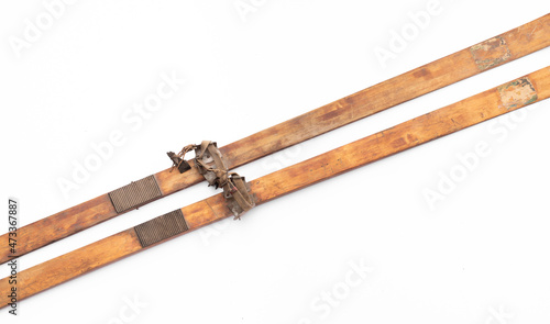 old wooden skis isolated on white background