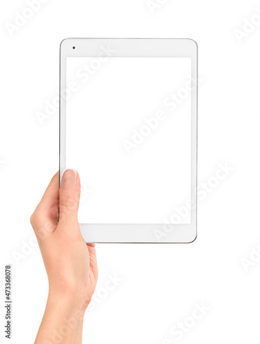 digital tablet in female hand on white isolated background