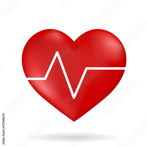 Shiny 3d vector heart, sport cardio fitness, 3d medicine heart with pulse line