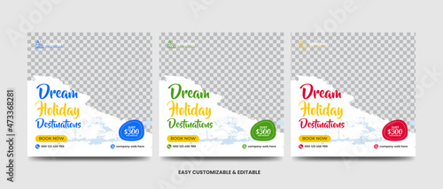 Travel and vacation square social media banner post template with brushstroke. Travel agency ads banner. Modern travel social media