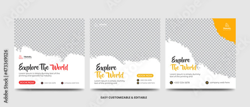 Travel and vacation square social media banner post-template set with brushstroke. Travel agency ads banner. Modern travel social media