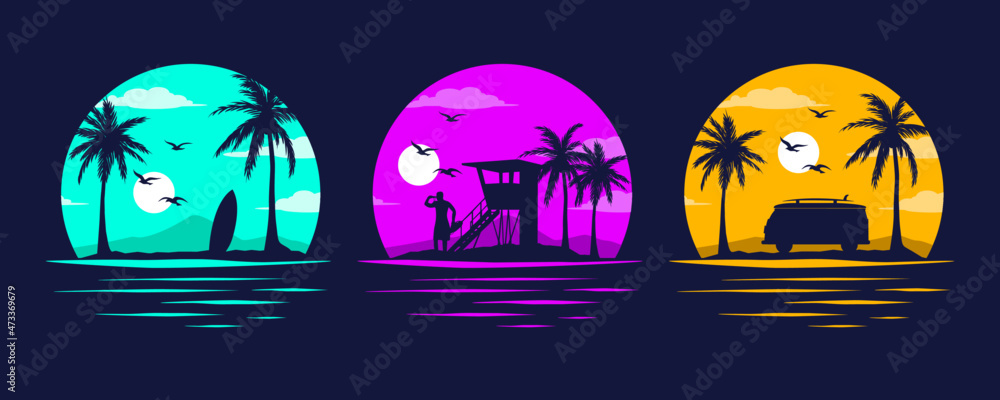 Baywatch, Camper and Surfing. Miami California Hawaii design. Old school tattoo vector art. Red Sunsets with sillhouettes | Vector Graphics for apparel t-shirt
