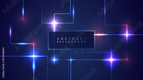Vector illustration. Modern Art graphic. Luminous dynamic geometric background. Cyber tech. Light flares effect. Glowing streaks on dark background. Element for web banner, website template, wallpaper