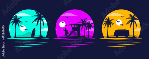 Obraz na płótnie Baywatch, Camper and Surfing. Miami California Hawaii design. Old school tattoo vector art. Red Sunsets with sillhouettes | Vector Graphics for apparel t-shirt w salonie