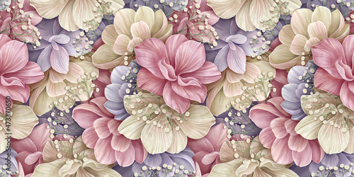Wallpaper Mural Floral background, seamless pattern, luxury wallpaper. Romantic delicate flowers, hydrangea, pink, beige, purple, white gypsophila. Watercolor 3d illustration, texture. Good cloth, interior, wedding Torontodigital.ca