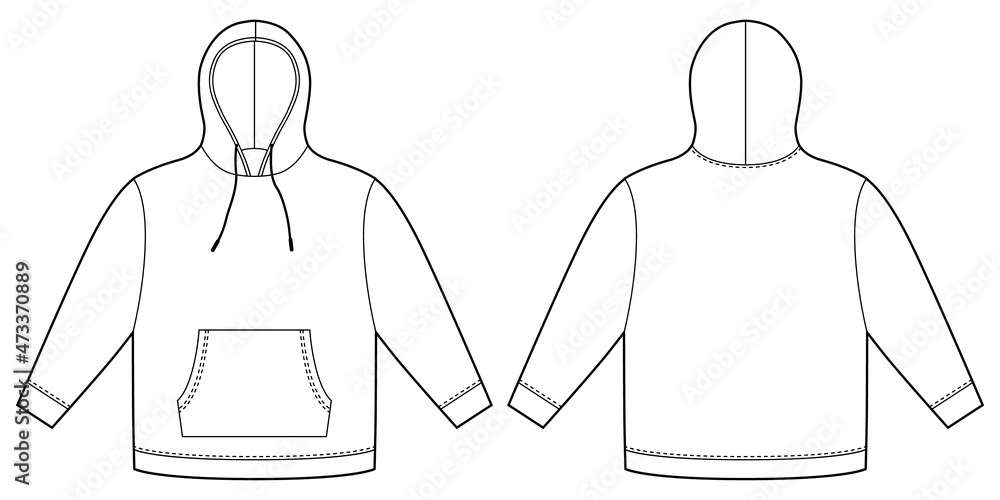 Hoodie template. Apparel hoody technical sketch mockup. Sweatshirt with ...