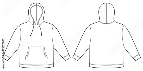 Hoodie template. Apparel hoody technical sketch mockup. Sweatshirt with hood, pockets. Unisex jumper.