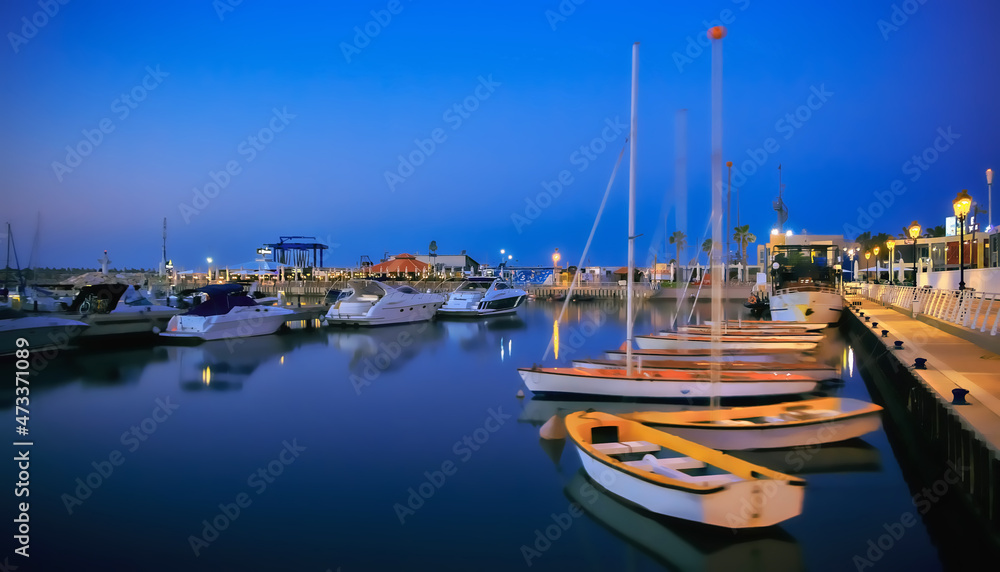 Marina with Yachts and Boat at the Night