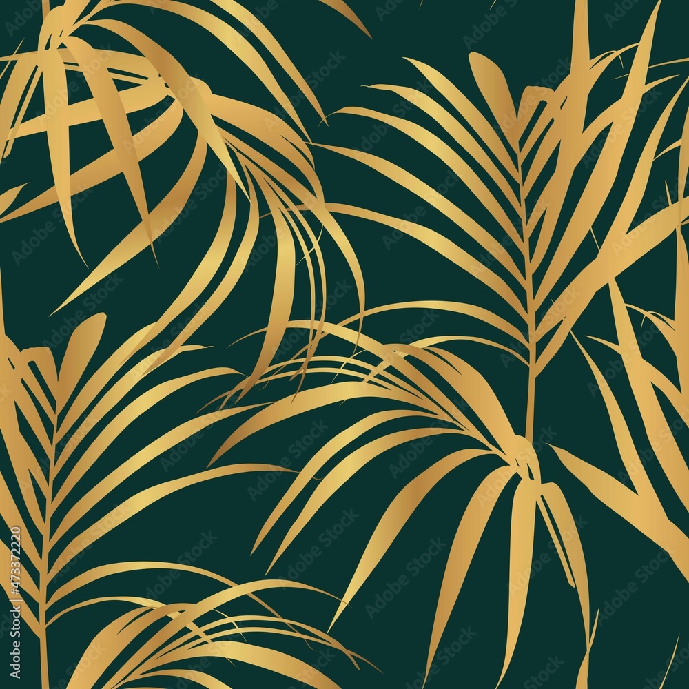 Seamless pattern, palm leaves, golden line art ink drawing on dark green background.