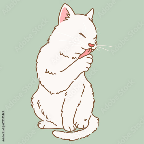 Hand drawn white cat sitting and grooming illustration