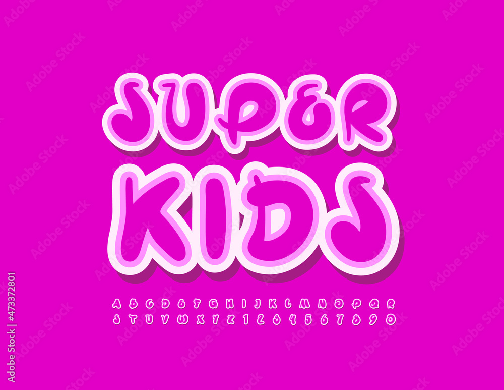 Vector artistic template Super Kids with sticker Alphabet Letters and Numbers set. Creative Pink Font
