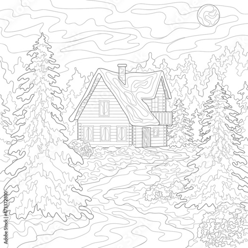 Wooden line drawing cottage, fir trees, forest, bushes and snow, sky and moon. Winter illustration on a white isolated background. For coloring book pages.