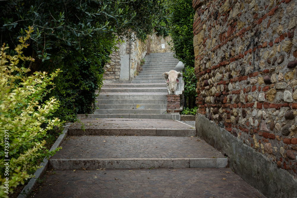 Old town street with stone staircases going up to San Pietro Castle, Verona, Veneto region, Italy