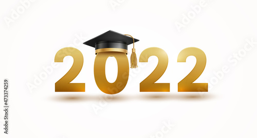 Graduate college, high school or university cap with gold 2022 on white background. Vector black 3d student ceremony hat and golden number