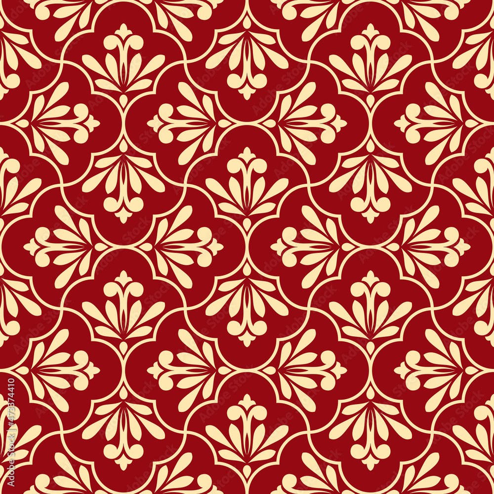 Flower geometric pattern. Seamless vector background. Gold and red ornament. Ornament for fabric, wallpaper, packaging. Decorative print Flower geometric pattern. Seamless vector background. Gold and red ornament. Ornament for fabric, wallpaper, packaging. Decorative print