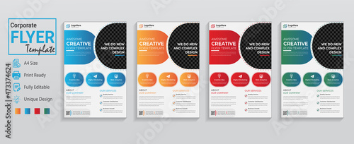 A4 modern creative flyer design for promotion advertising publication. 4 colors variation flyers can be used as booklet, catalog, poster, company leaflet, graphic template document, brochure, report.
