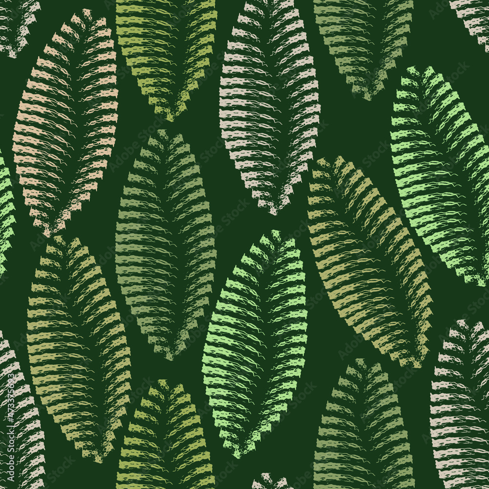 Abstract leaves seamless pattern on green background 