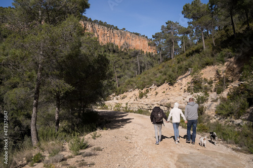 A family with two dogs walking down a gravel road in tree covered hills of Valenciana region in Spain