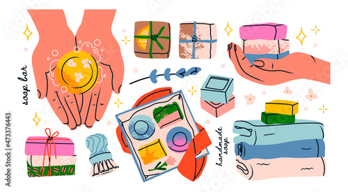 Handmade natural organic Soap. Set of towels, brush, soap bars, hands holding soap, present boxes. Spa natural treatments, diy cosmetic, bathing, eco, relax concept. Hand drawn Vector illustration