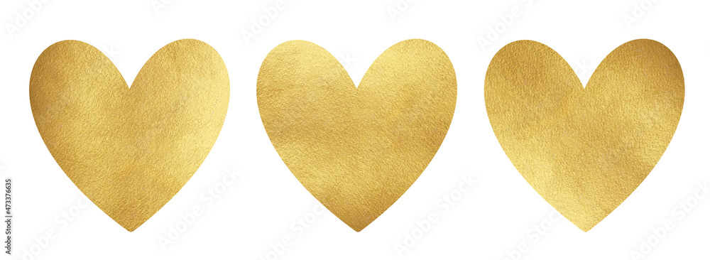 Golden foil heart shapes set isolated on white. Metal gold paint texture luxury backgrounds, text frames. Valentine's day glittering templates for greeting cards, graphic design elements.
