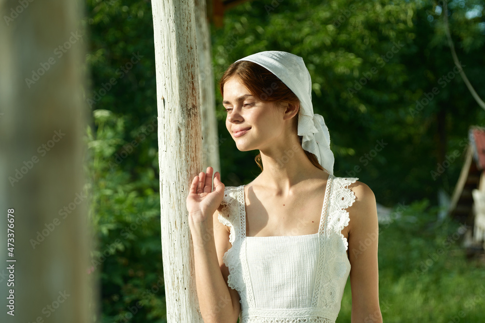 Woman in white dress countryside village nature ecology