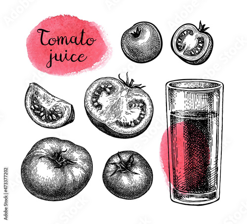 Tomatoes and juice ink sketches.