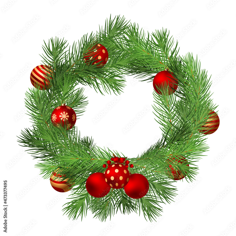 Floral frames and backgrounds design. Christmas Wreath with fir twigs and red balls naturalistic looking pine branches. Holiday cards and invitations. 