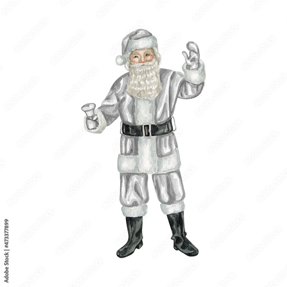Watercolor Christmas Santa Claus hat and bag hand drawn clipart