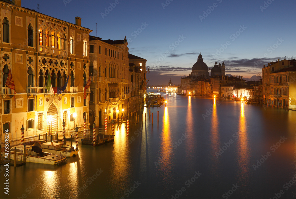 Gran Canal, Santa Maria della Salute church at sunris, Venice, Veneto, Italy.
