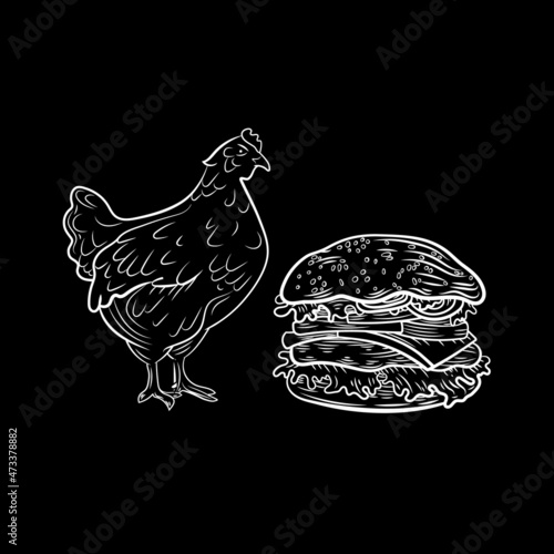 retro style chalk drawn burger with chicken illustration, black outline borger isolated. photo