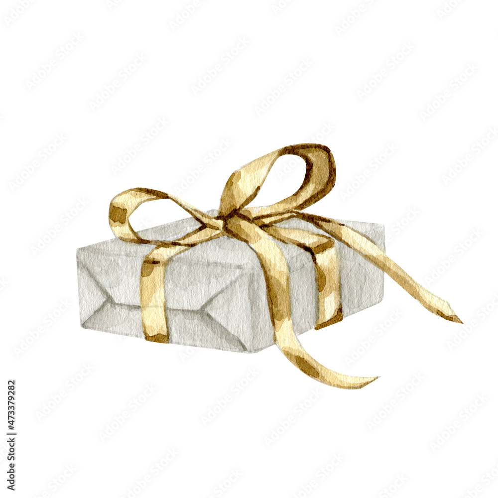Watercolor holiday Christmas gift box with ribbon bow clipart. Watercolor holiday Christmas gift box with ribbon bow clipart.