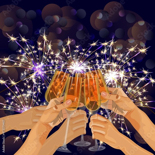 Rectangular banner with hands of people and glasses with champagne, wine on the background of Bengal lights, sparkler, bokeh. Christmas and new year's template for social media. Vector illustration