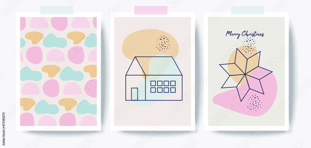 Set of creative 3 minimal Christmas cards. Modern posters set. Template for greeting scrapbooking, congratulations, invitations, planners, or art prints. Vector illustration. Set of creative 3 minimal Christmas cards. Modern posters set. Template for greeting scrapbooking, congratulations, invitations, planners, or art prints. Vector illustration.