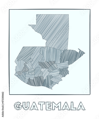 Sketch map of Guatemala. Grayscale hand drawn map of the country. Filled regions with hachure stripes. Vector illustration. photo