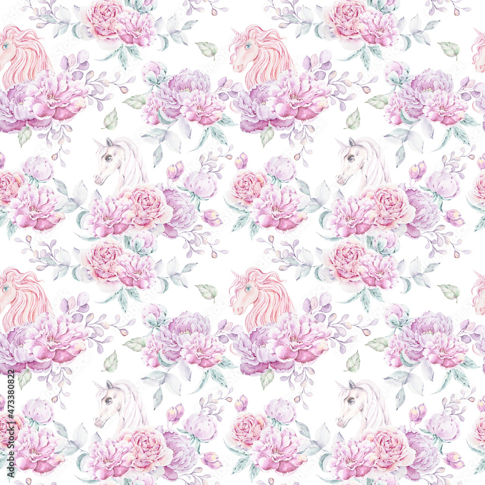 Watercolor unicorn seamless floral summer pattern with hand painted unicorn, flowers, leaves, berries. Can be used for fabric, wallpaper, packaging, wrapping paper, scrapbook paper
