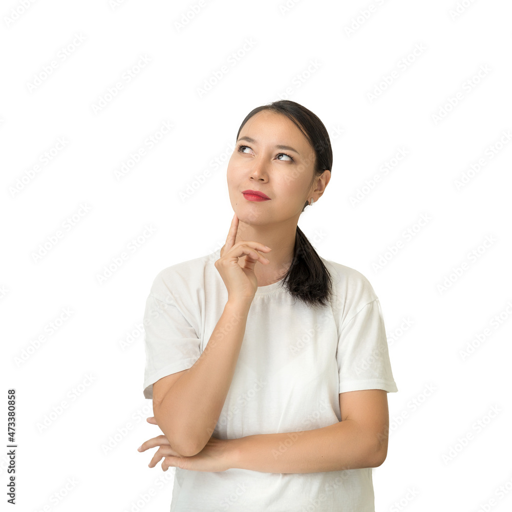 dreamy attractive asian woman looks up, dreamily, smiling. pensive woman on white isolated background dreamy attractive asian woman looks up, dreamily, smiling. pensive woman on white isolated background