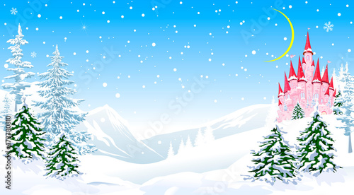 Fairytale pink princess castle on the background of a snowy forest. Cartoon pink castle on the background of the winter forest and mountains. Winter landscape with a pink castle, snow-covered trees