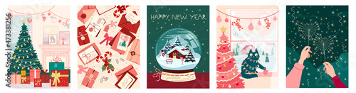 Merry Christmas and Happy New Year set of greeting cards, festive posters. Christmas spirit at home with tree, snowball, envelopes and letters. Clebrating with sparklers in hands. Vector illustration photo