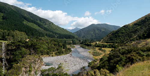 View of the Waingawa river and Tararua Forest Park, New Zealand