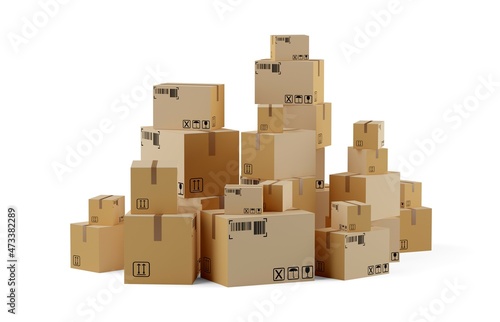 Huge pile of cardboard boxes or parcels for delivery or storage over white background, goods shipping or transportation concept © Shawn Hempel