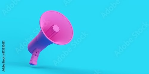 Pink megaphone or bullhorn floating over cyan blue background, business announcement or communication concept
