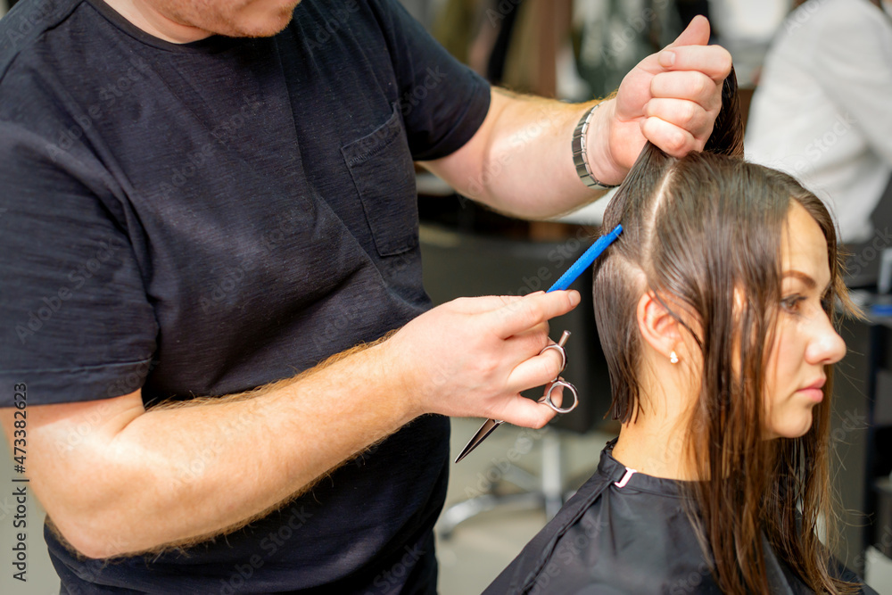 Fototapeta premium Hairdresser divides female hair into sections with comb holding hair with her hands in hair salon close up