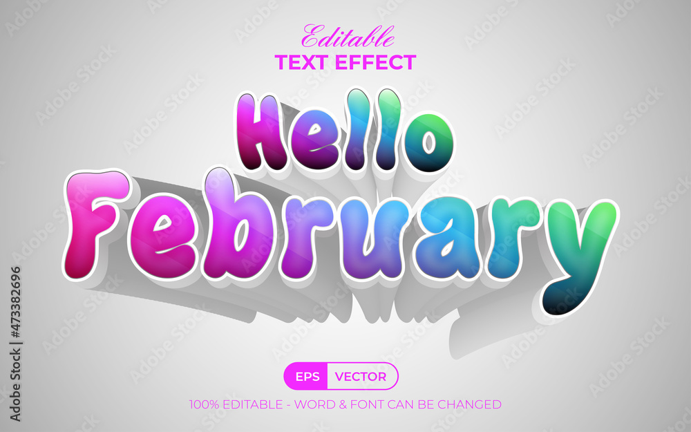 Fototapeta premium Hellow february text effect colourful style. Editable text effect long shadow theme.